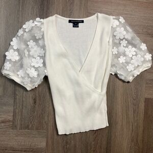 French Connection Lucille Lace Sleeve Crossover Sweater Top Womens XS Coquette